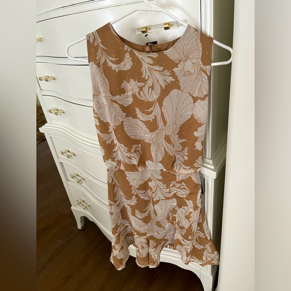 Express Brand Halter Top Mini Dress NWT Gold Threading Beige White Print Cute XS